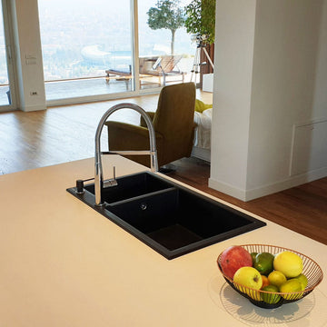 Chiuveta bucatarie granit dubla cu 2 cuve Neagra / Black Metal quartz + accesorii montaj, 860x500x200 mm, cod 6064
